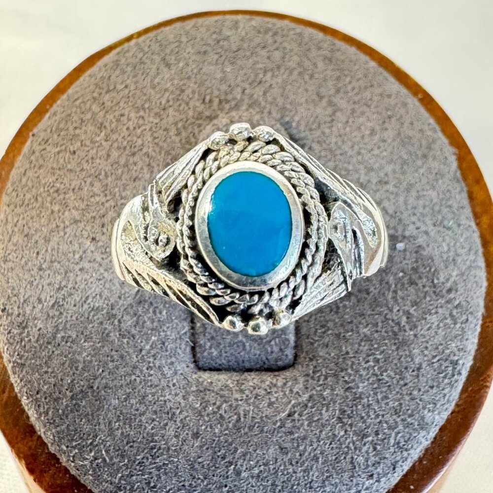 Turquoise Bezel Set Swan Design Shoulders Ring VTG Sterling Silver 925 Size 6